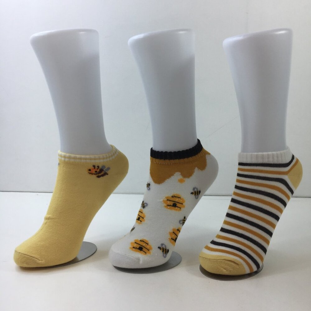 Womens Bee-Themed Ankle Socks 3-Pack Honeycomb Stripes Bees Yellow White Black